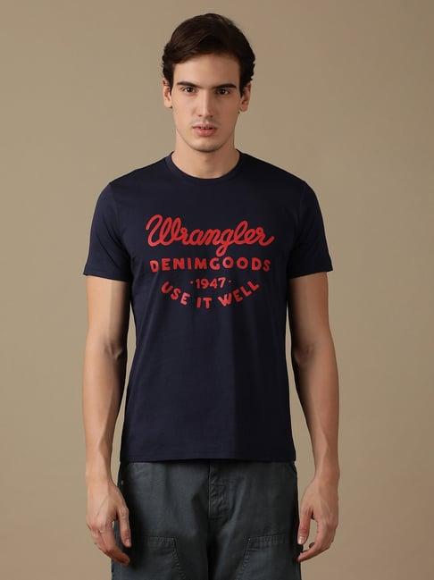 wrangler navy regular fit logo print crew t-shirt