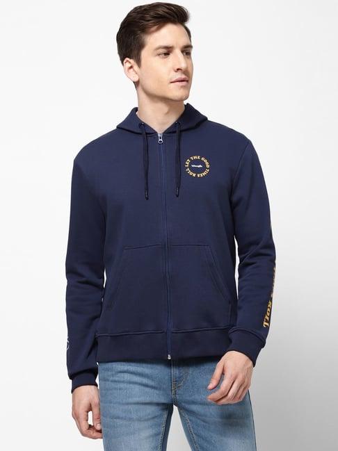 wrangler navy regular fit printed hooded sweatshirt