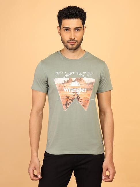 wrangler olive regular fit graphic print cotton crew t-shirt