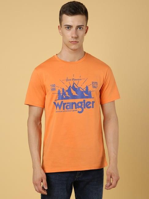 wrangler orange cotton regular fit printed t-shirt