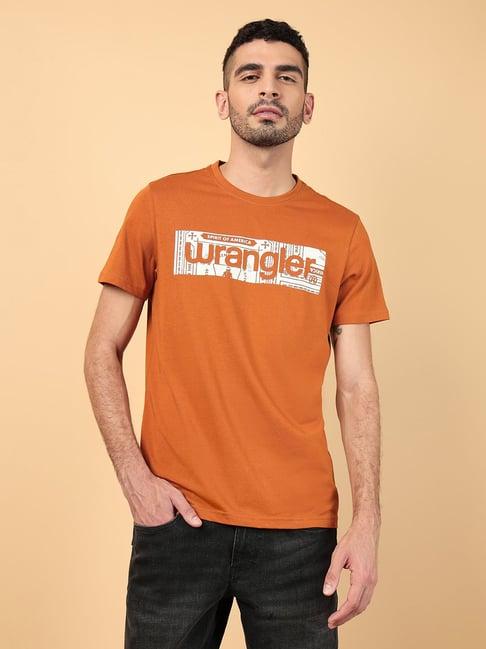 wrangler orange regular fit logo print crew t-shirt