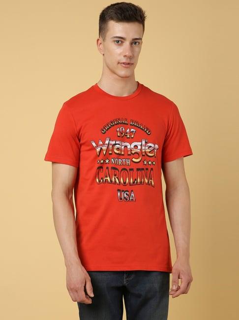 wrangler red cotton regular fit printed t-shirt