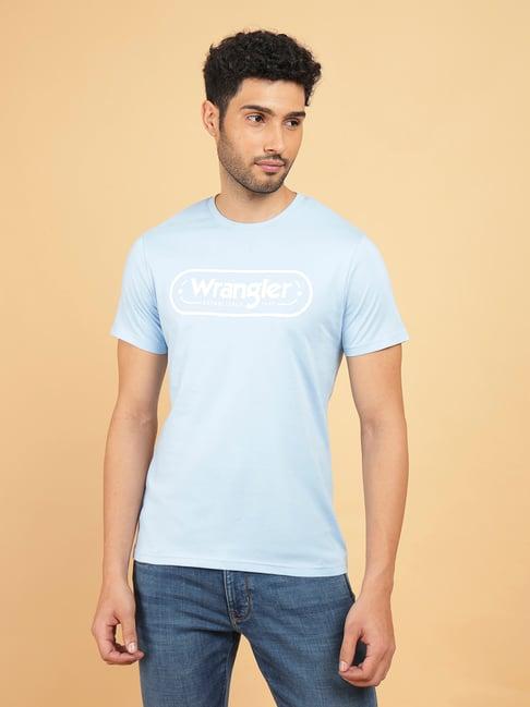 wrangler sky blue regular fit logo print cotton crew t-shirt