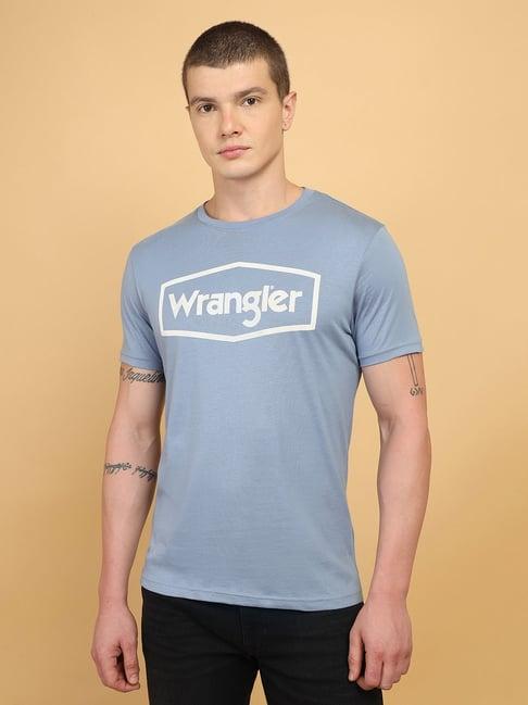 wrangler sky blue regular fit logo print crew t-shirt