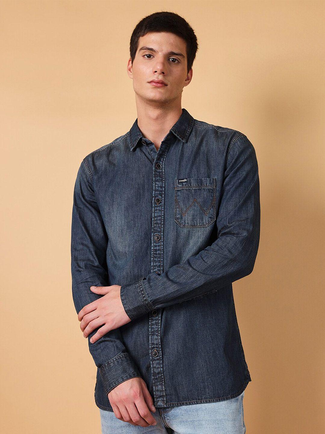 wrangler spread collar faded denim casual shirt