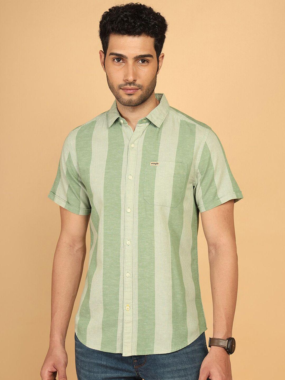 wrangler vertical stripes regular fit cotton linen shirt
