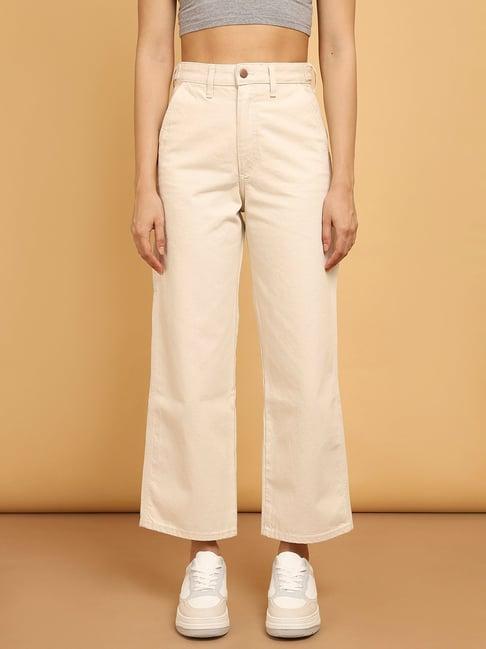 wrangler white cotton relaxed fit high rise trousers
