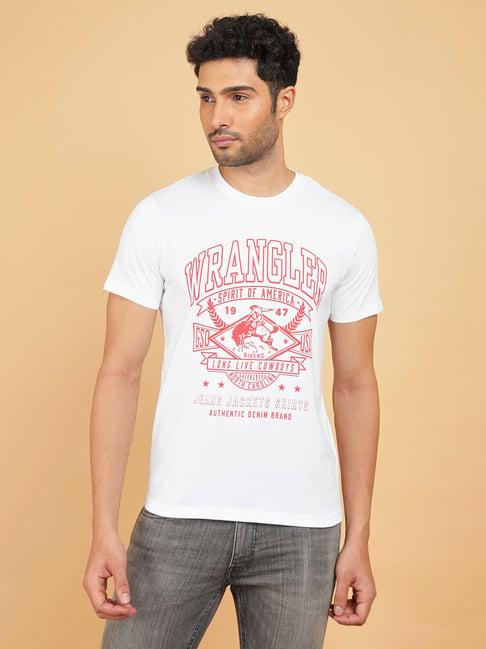 wrangler white regular fit graphic print cotton crew t-shirt