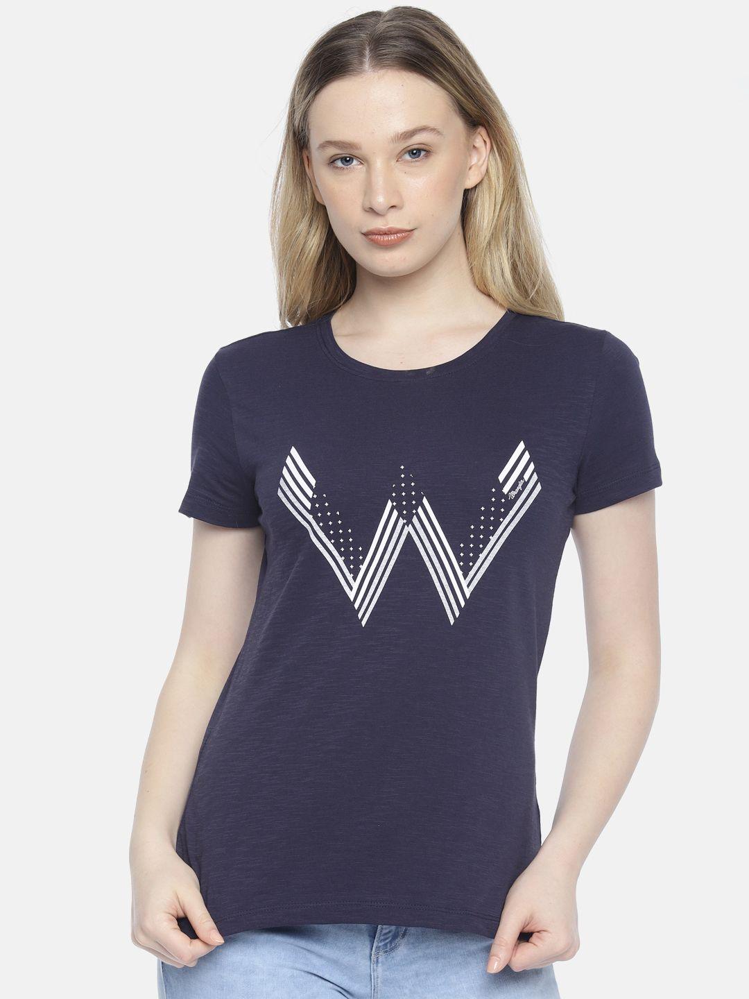 wrangler women navy blue slim fit printed round neck pure cotton t-shirt