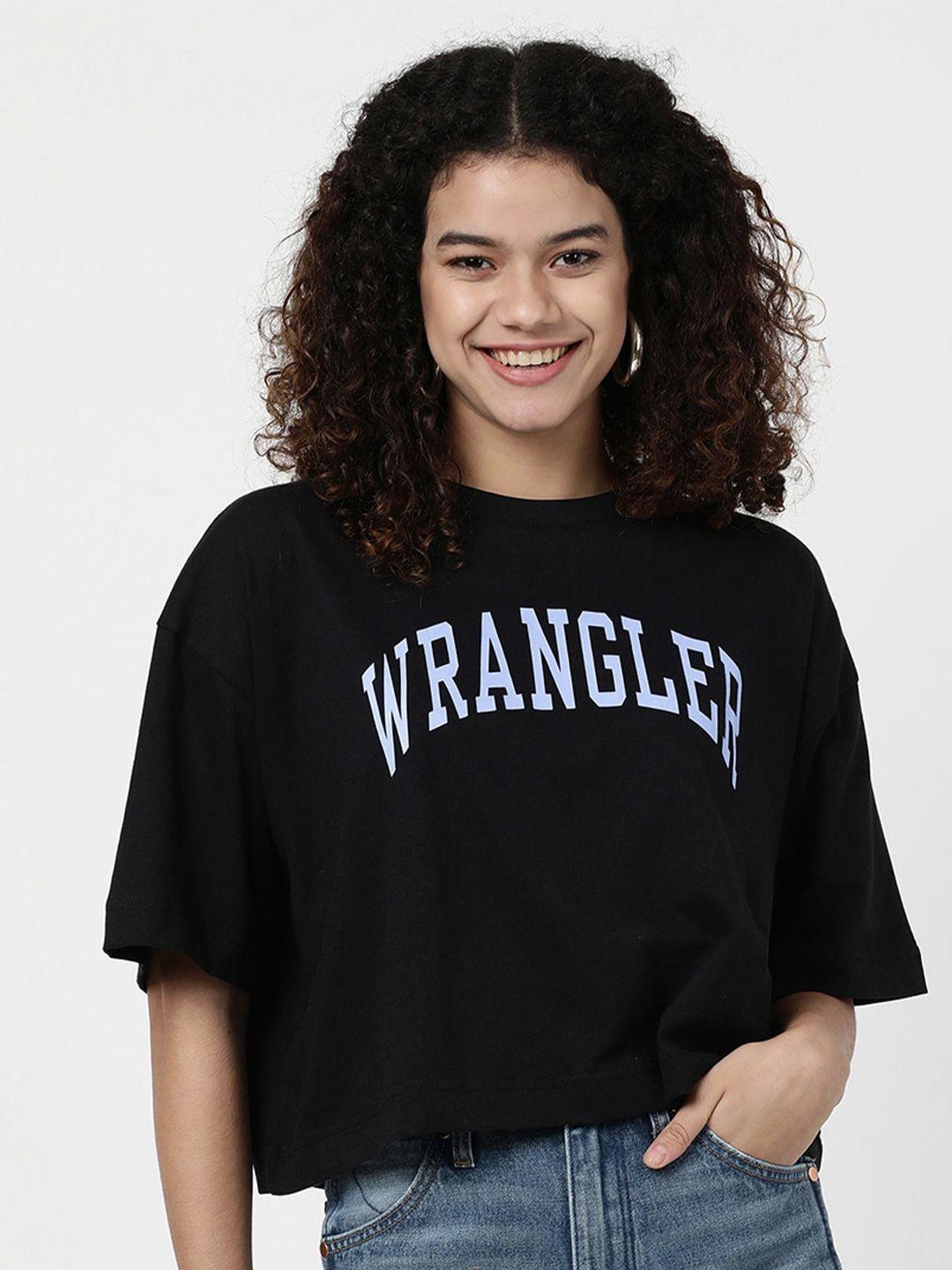 wrangler women typography printed drop-shoulder sleeves boxy cotton t-shirt