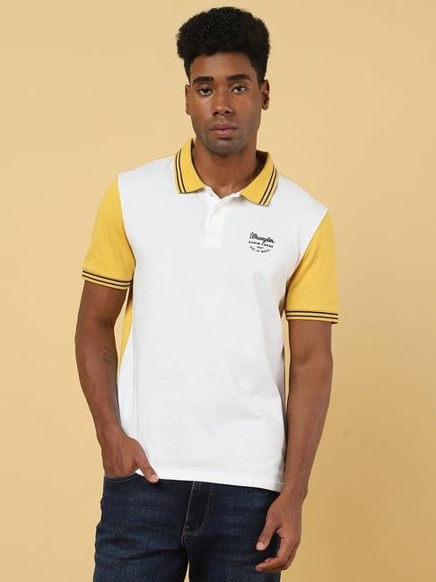 wrangler yellow & white cotton regular fit colour block polo t-shirt