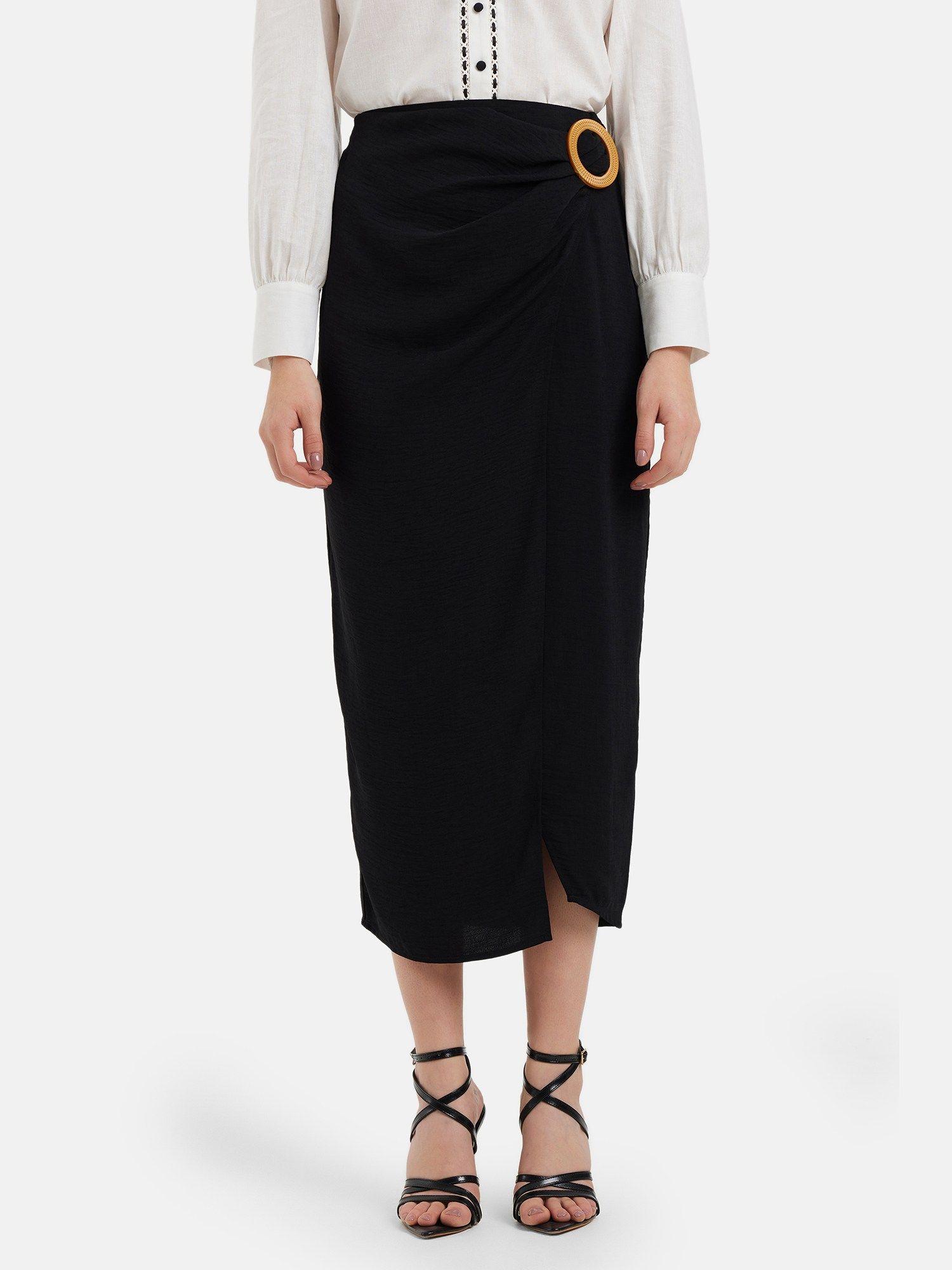 wrap midi skirt with buckle detail