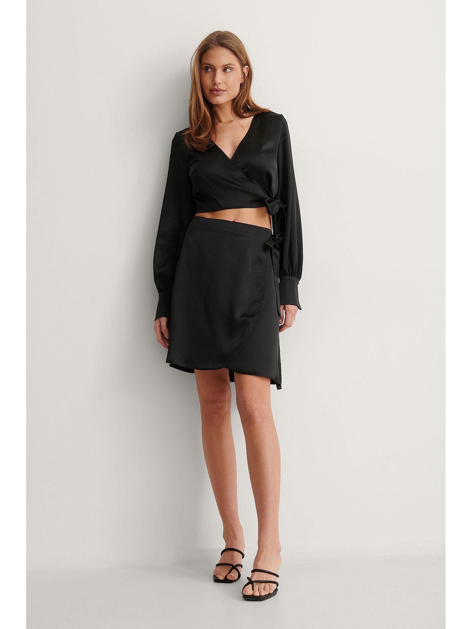 wrap satin midi skirt-black