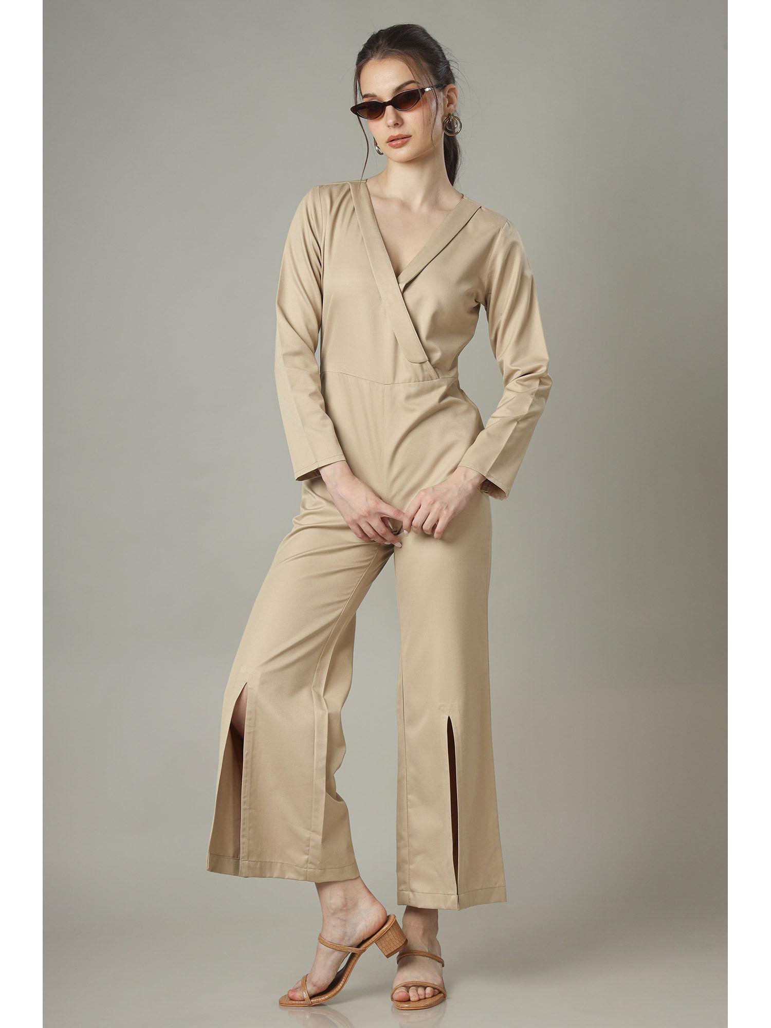 wrap shawl neck wide leg jumpsuit