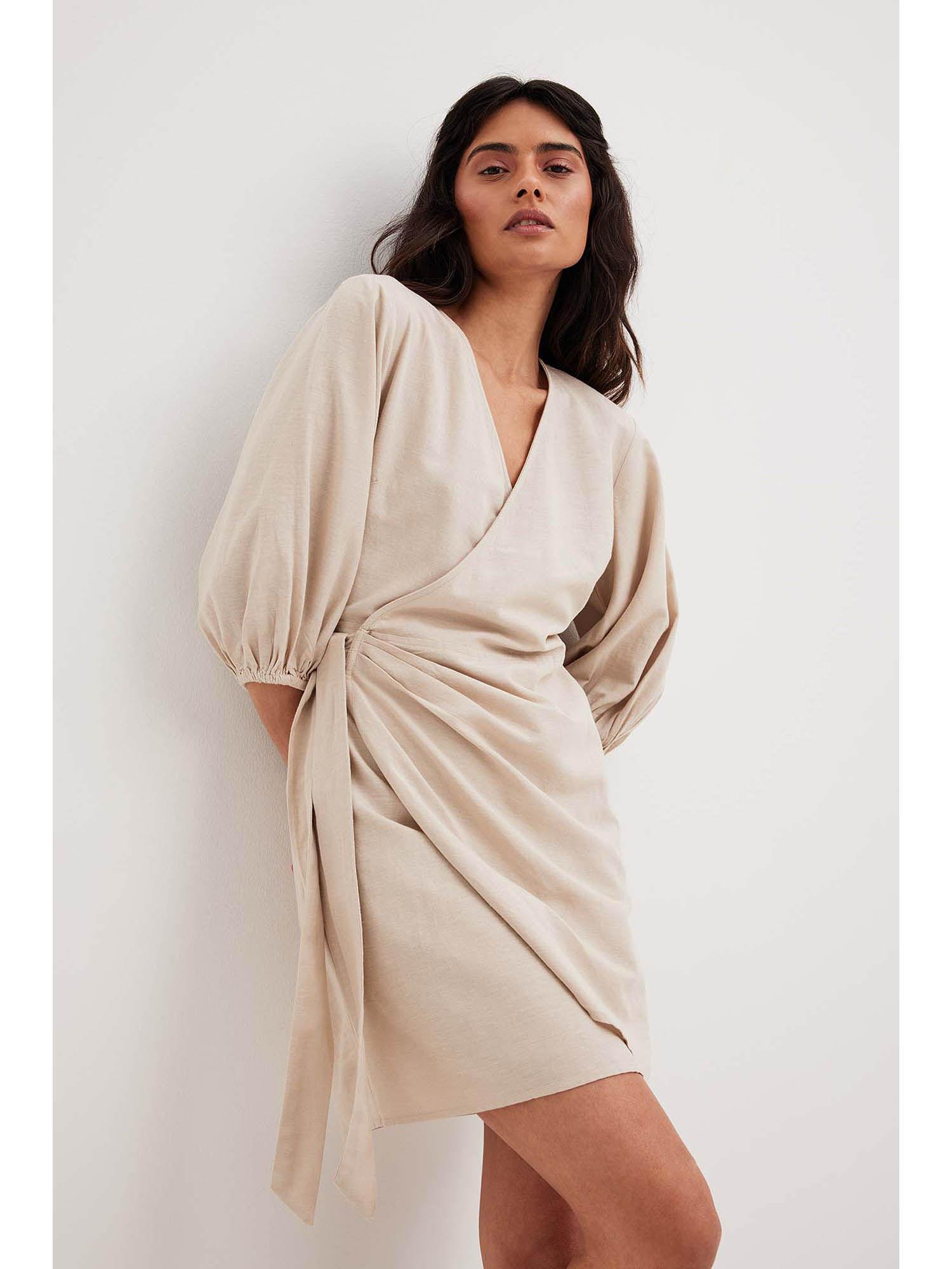 wrapped linen mix mini dress - beige