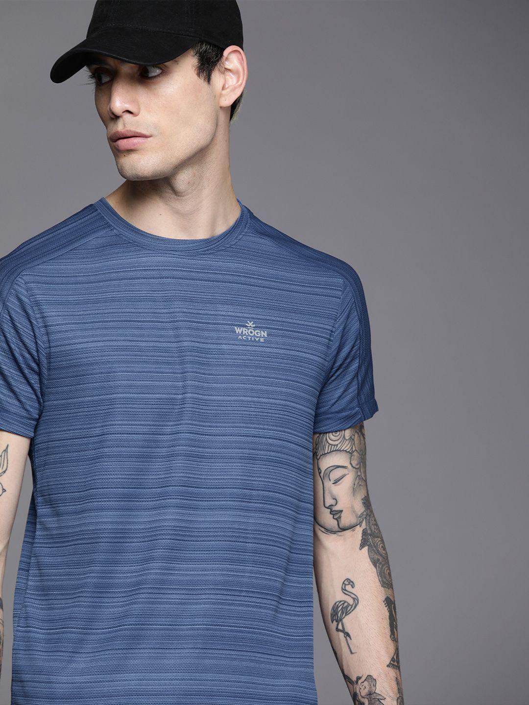 wrogn active men blue striped casual t-shirt