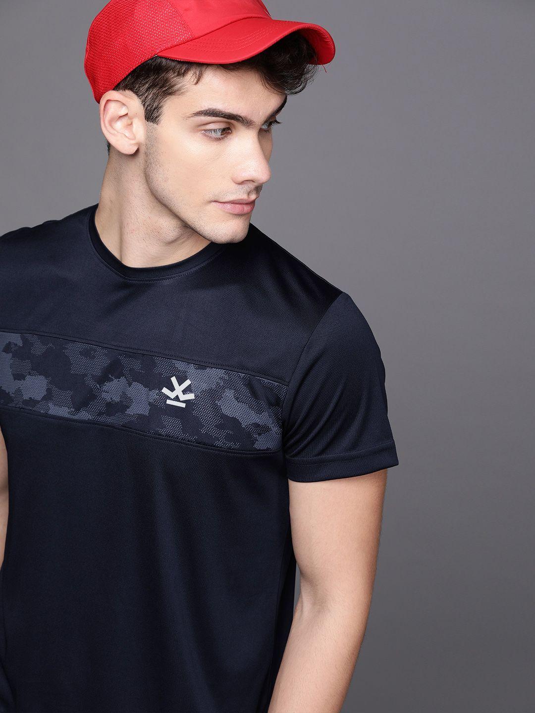 wrogn active men navy blue camouflage printed panel round neck t-shirt