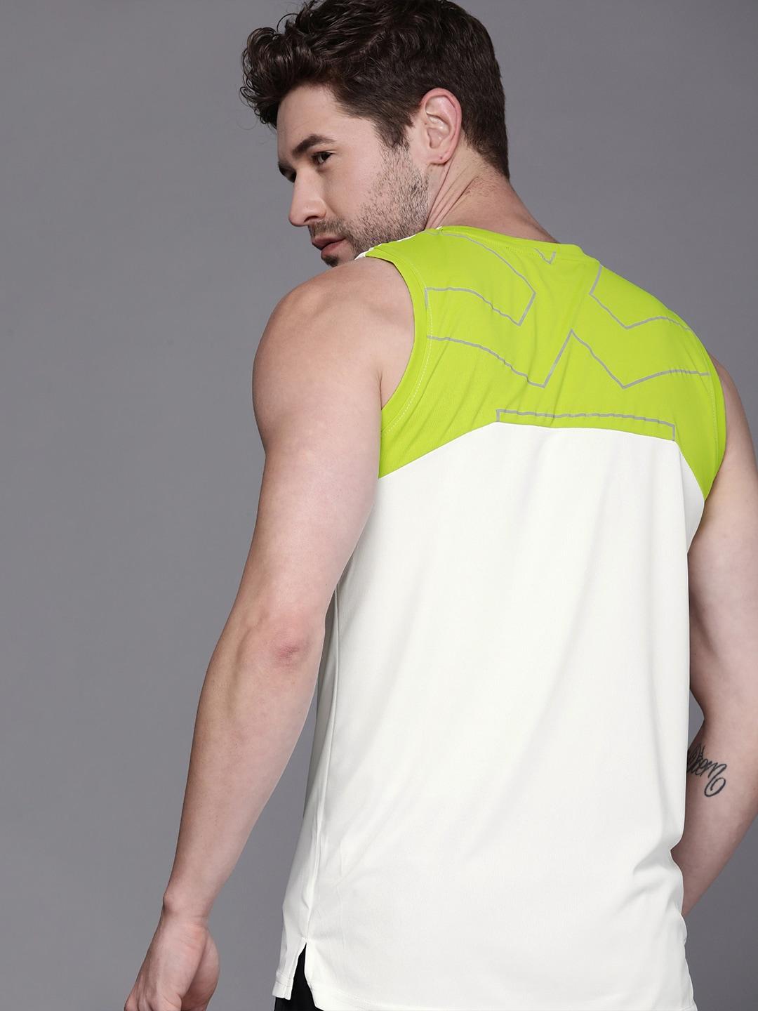 wrogn active men white & lime green colourblocked slim fit t-shirt with logo print