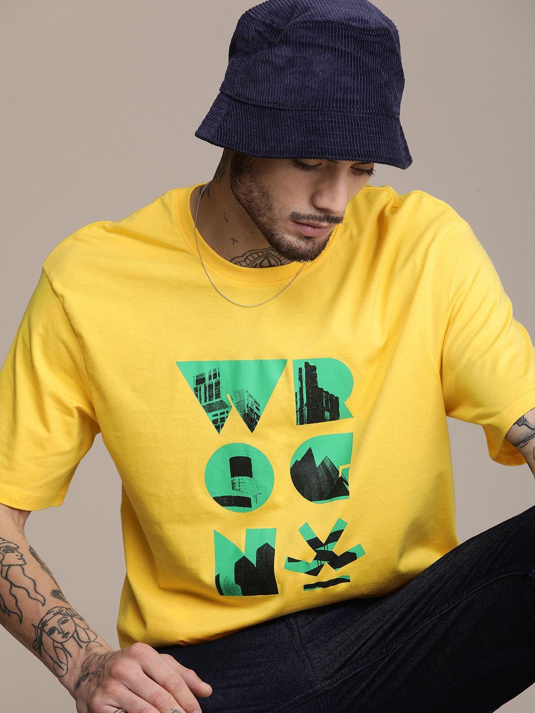 wrogn brand logo printed drop-shoulder sleeves oversized t-shirt
