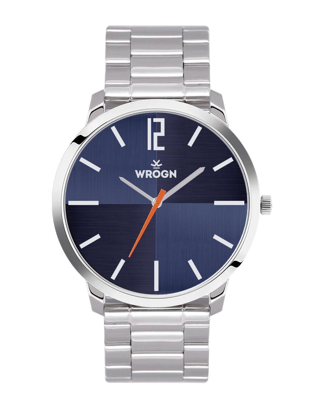 wrogn men blue printed dial & steel toned stainless steel straps analogue watch wrg00107a