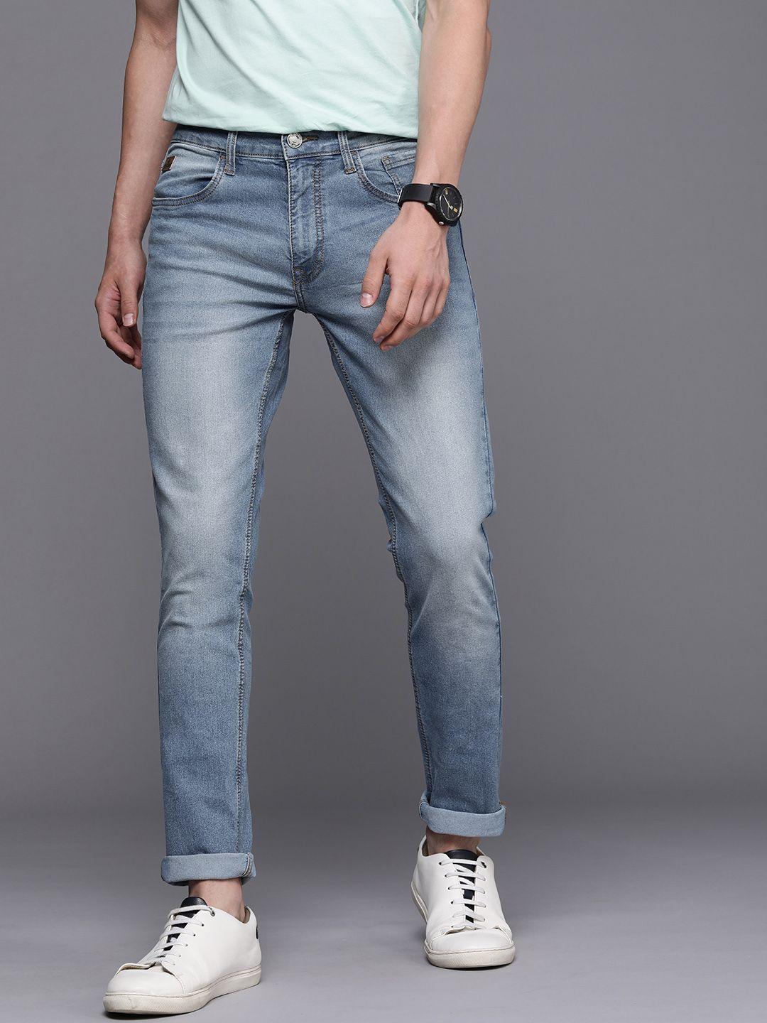 wrogn men blue slim fit heavy fade stretchable jeans