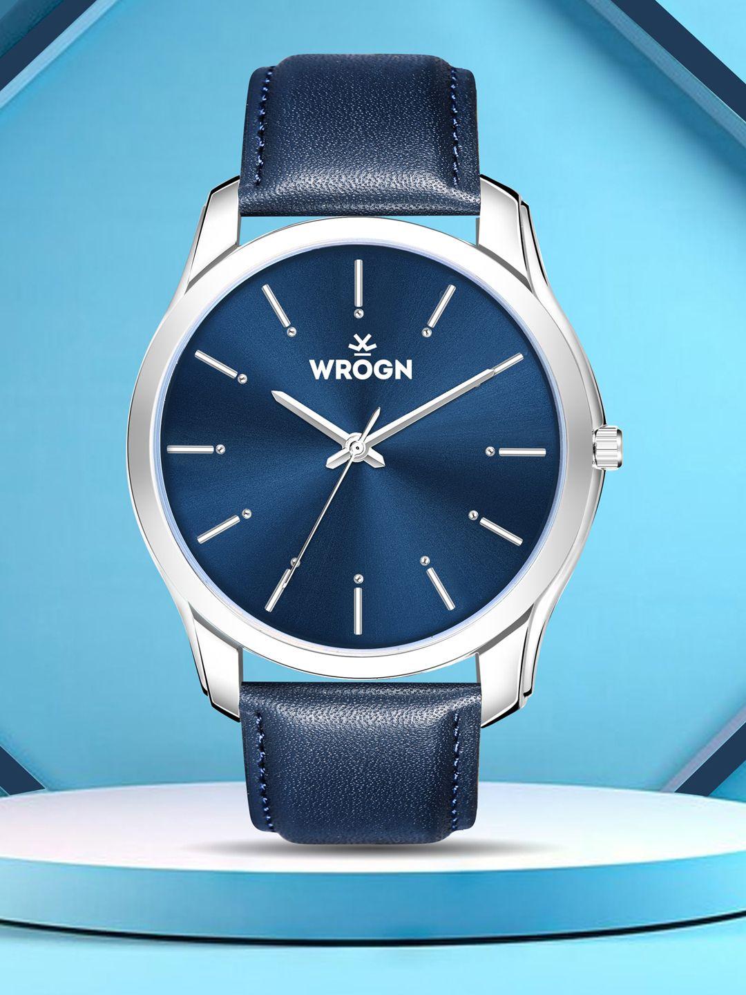 wrogn men brass embellished dial & leather embellished straps analogue watch wr-6603-blue