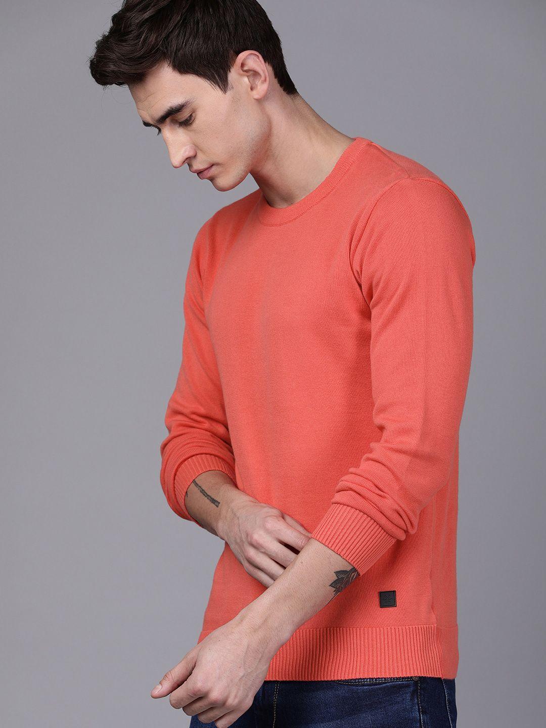 wrogn men coral orange solid pullover sweater