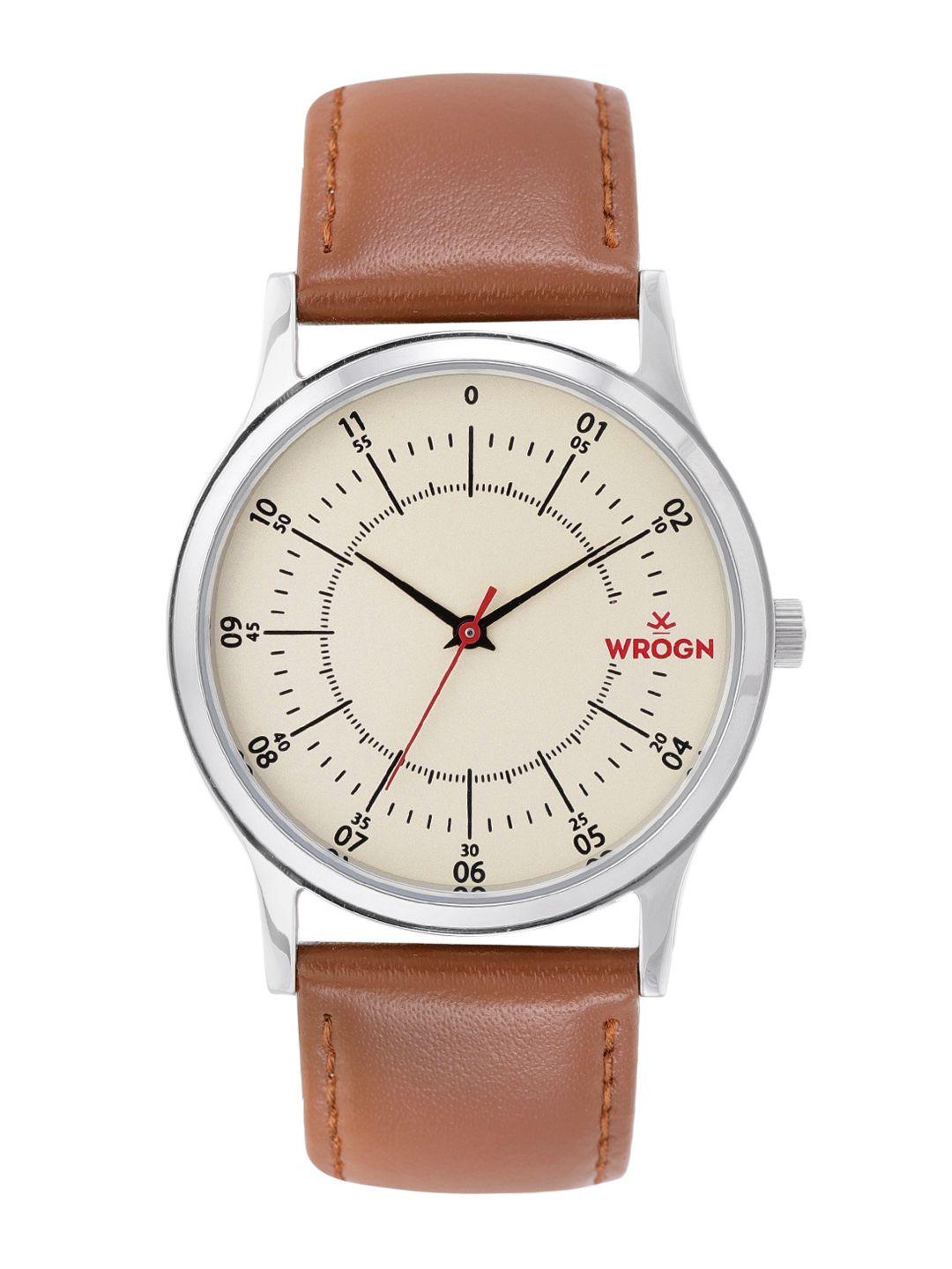 wrogn men cream-coloured dial & brown leather straps analogue watch wrg00042e