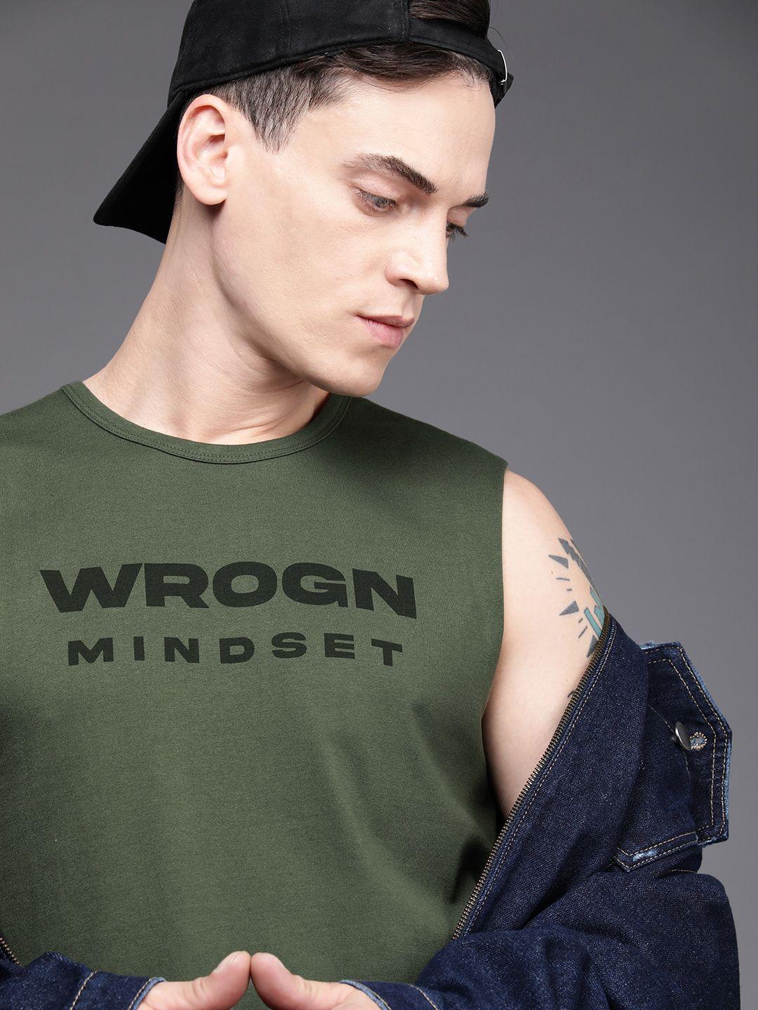 wrogn men green & black brand logo printed t-shirt