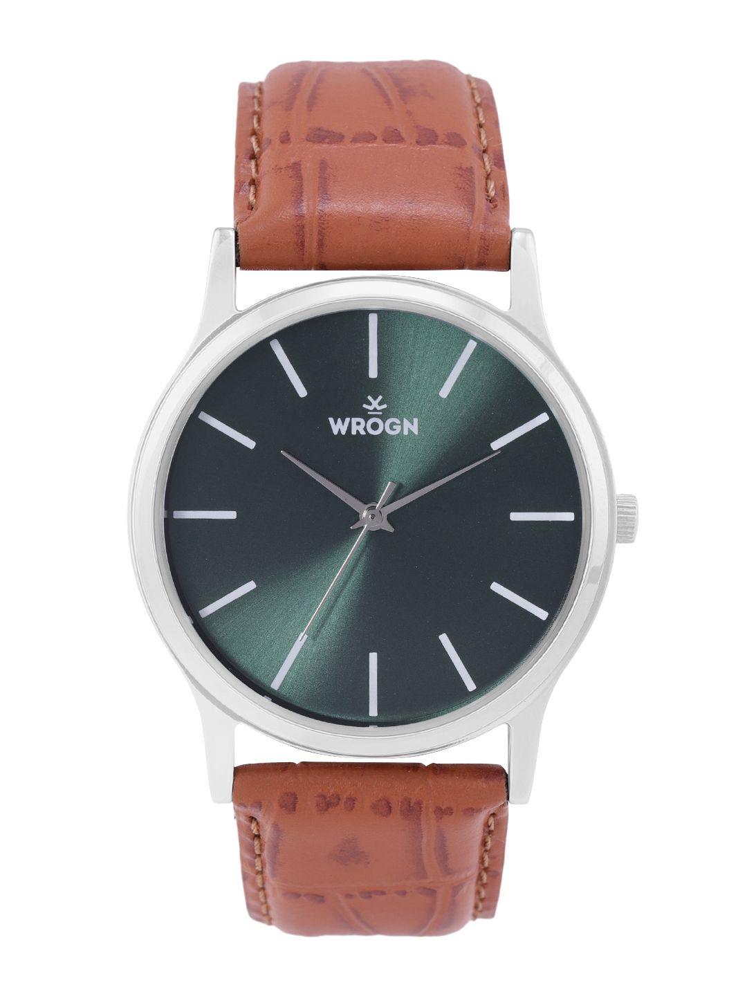 wrogn men green dial & brown leather croc textured straps analogue watch wrg00048d
