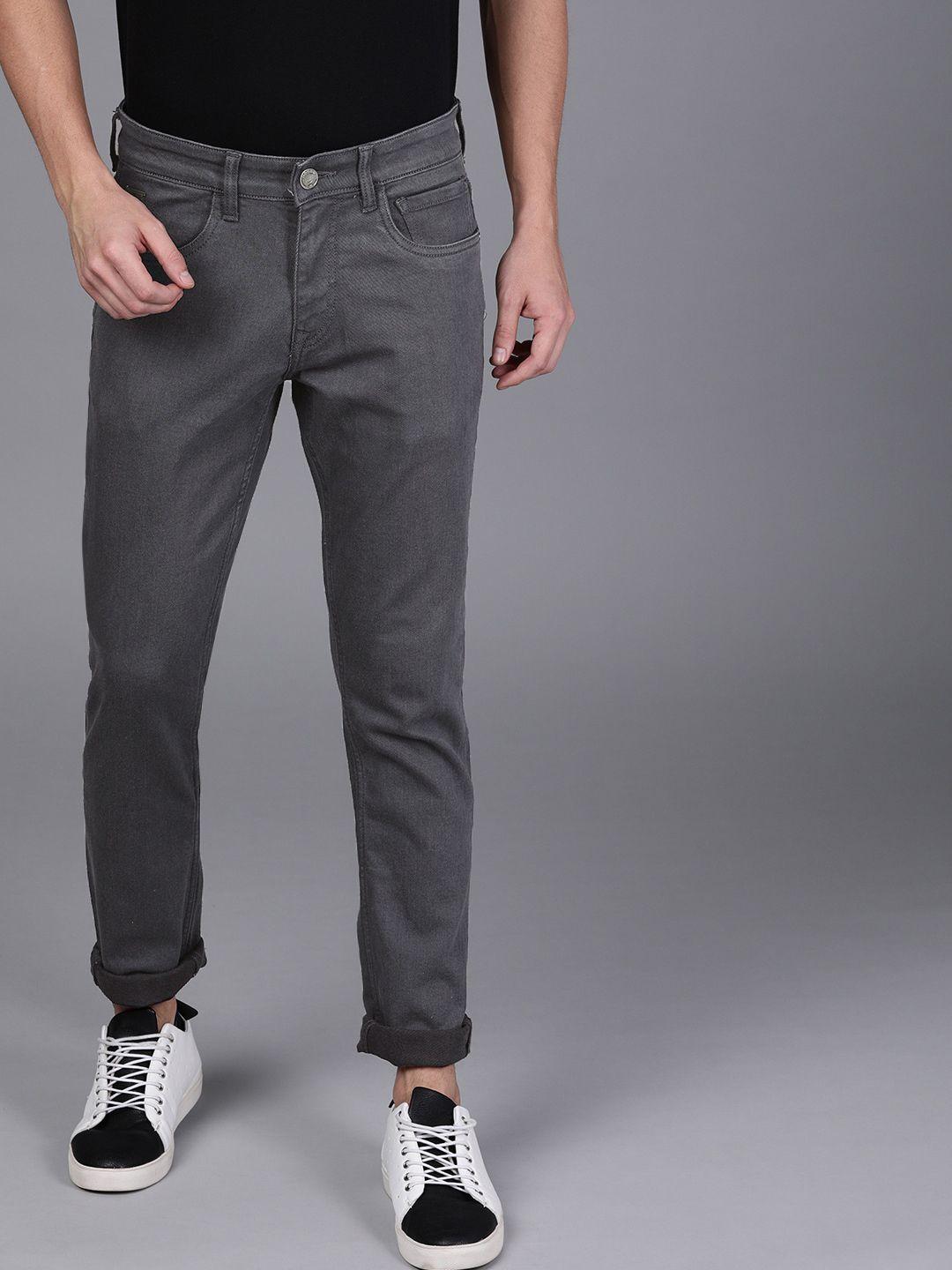wrogn men grey slim fit mid-rise clean look stretchable jeans