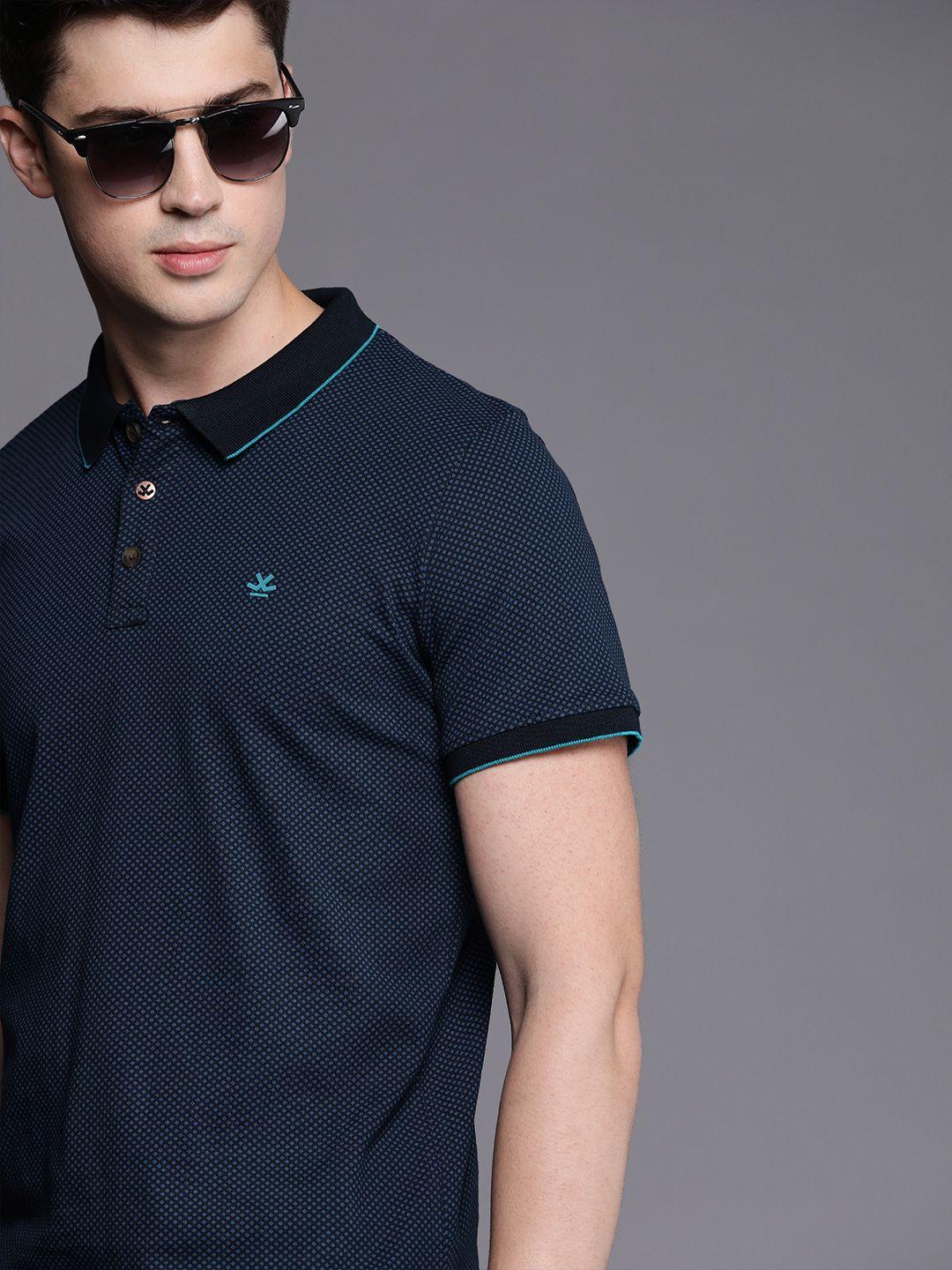 wrogn men navy blue printed slim fit polo collar pure cotton t-shirt