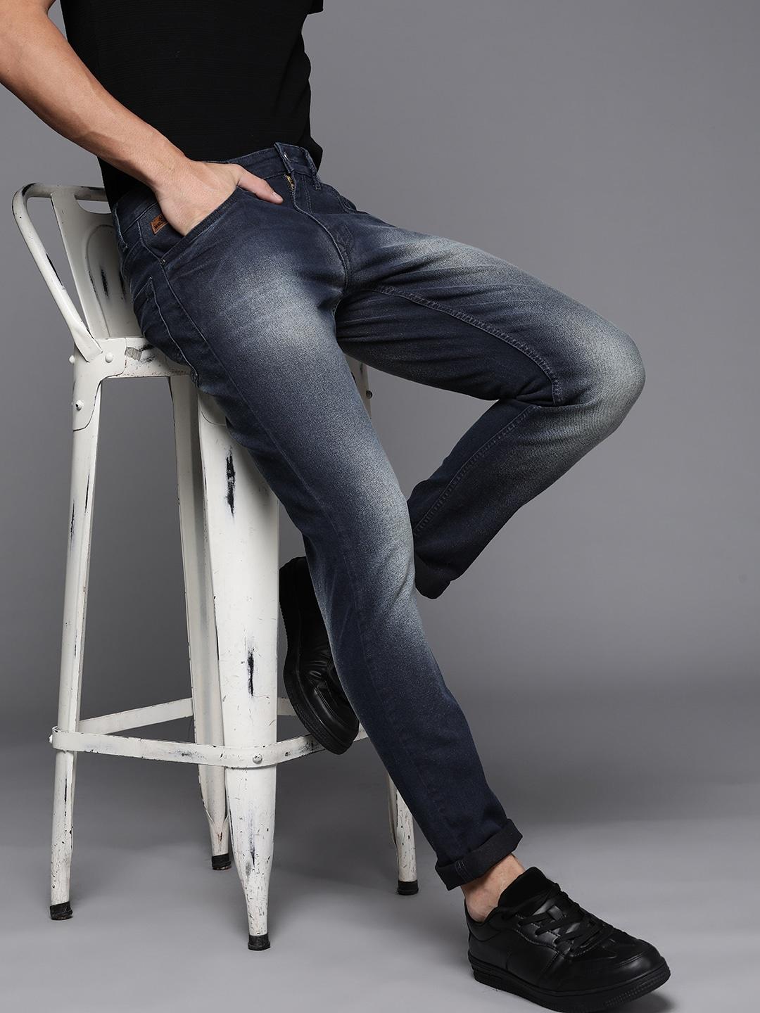 wrogn men navy blue slim fit heavy fade stretchable jeans