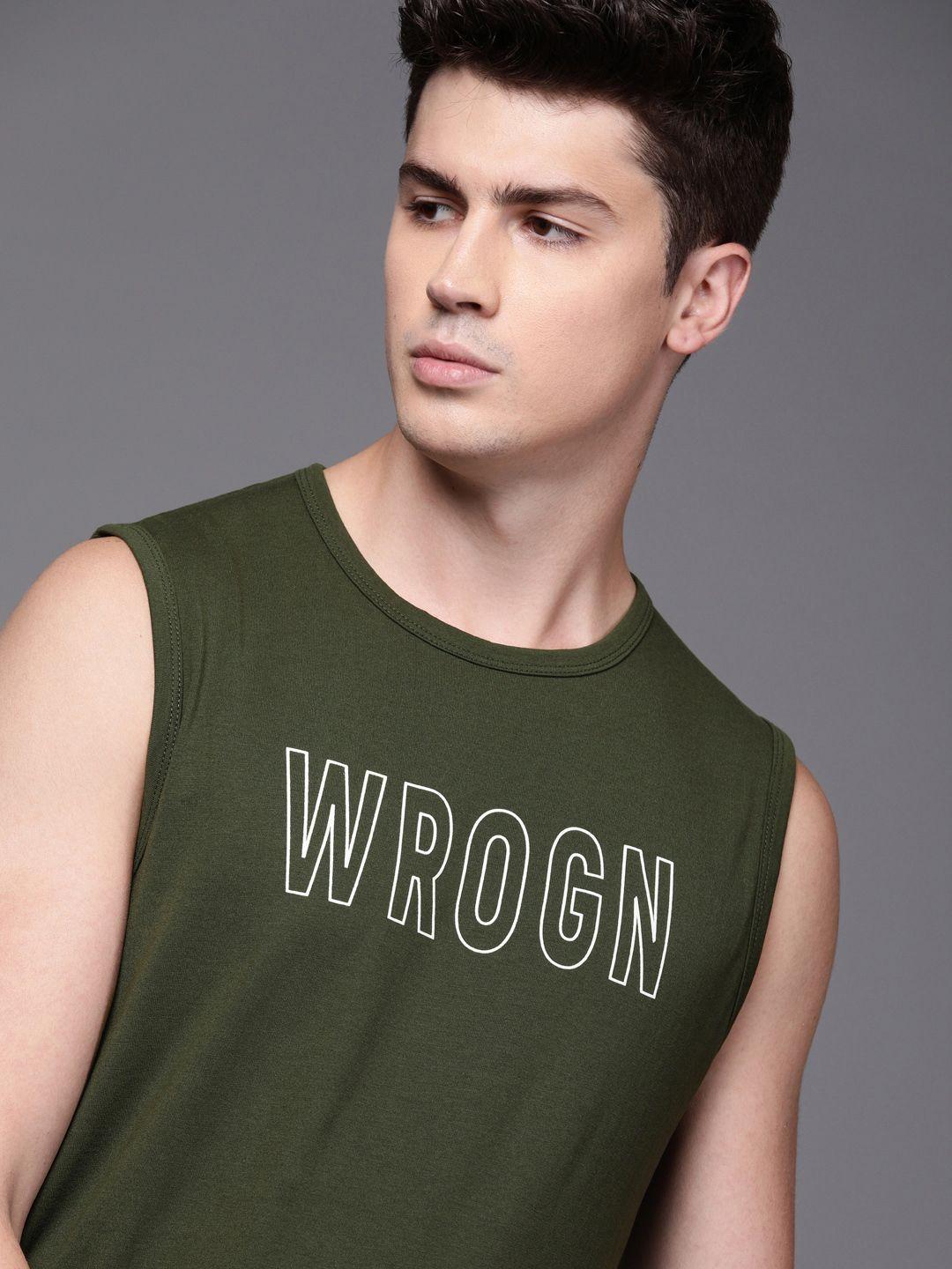 wrogn men olive green printed round neck t-shirt