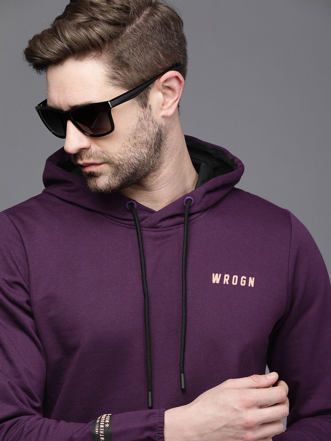 wrogn men purple brand logo printed hooded sweatshirt