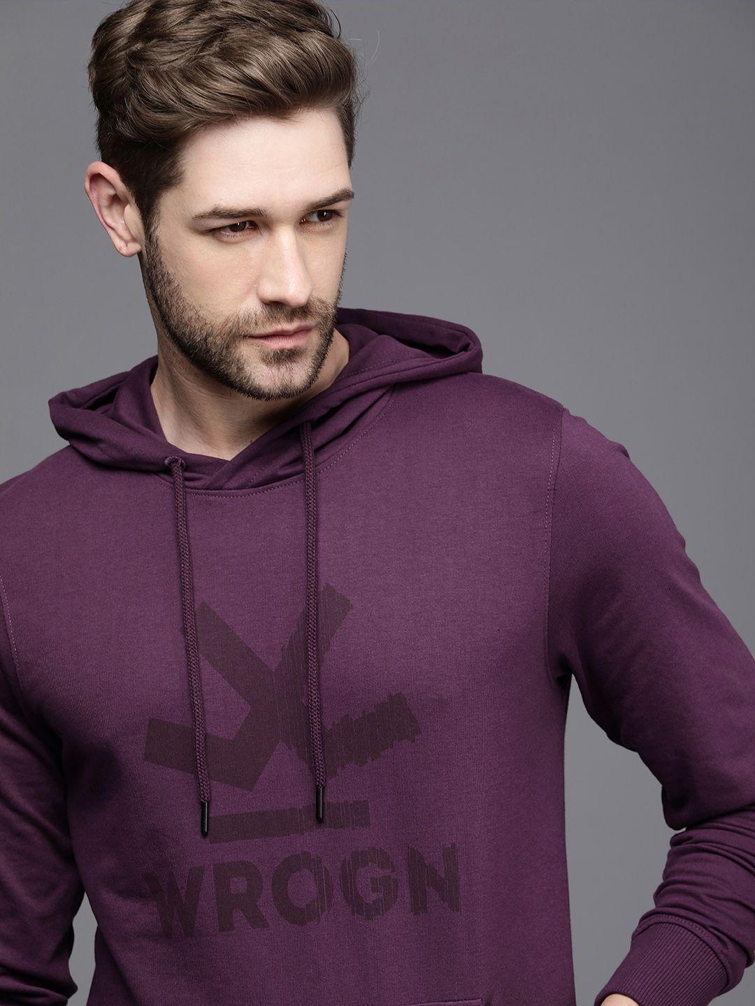 wrogn men purple printed slim fit hooded sweatshirt