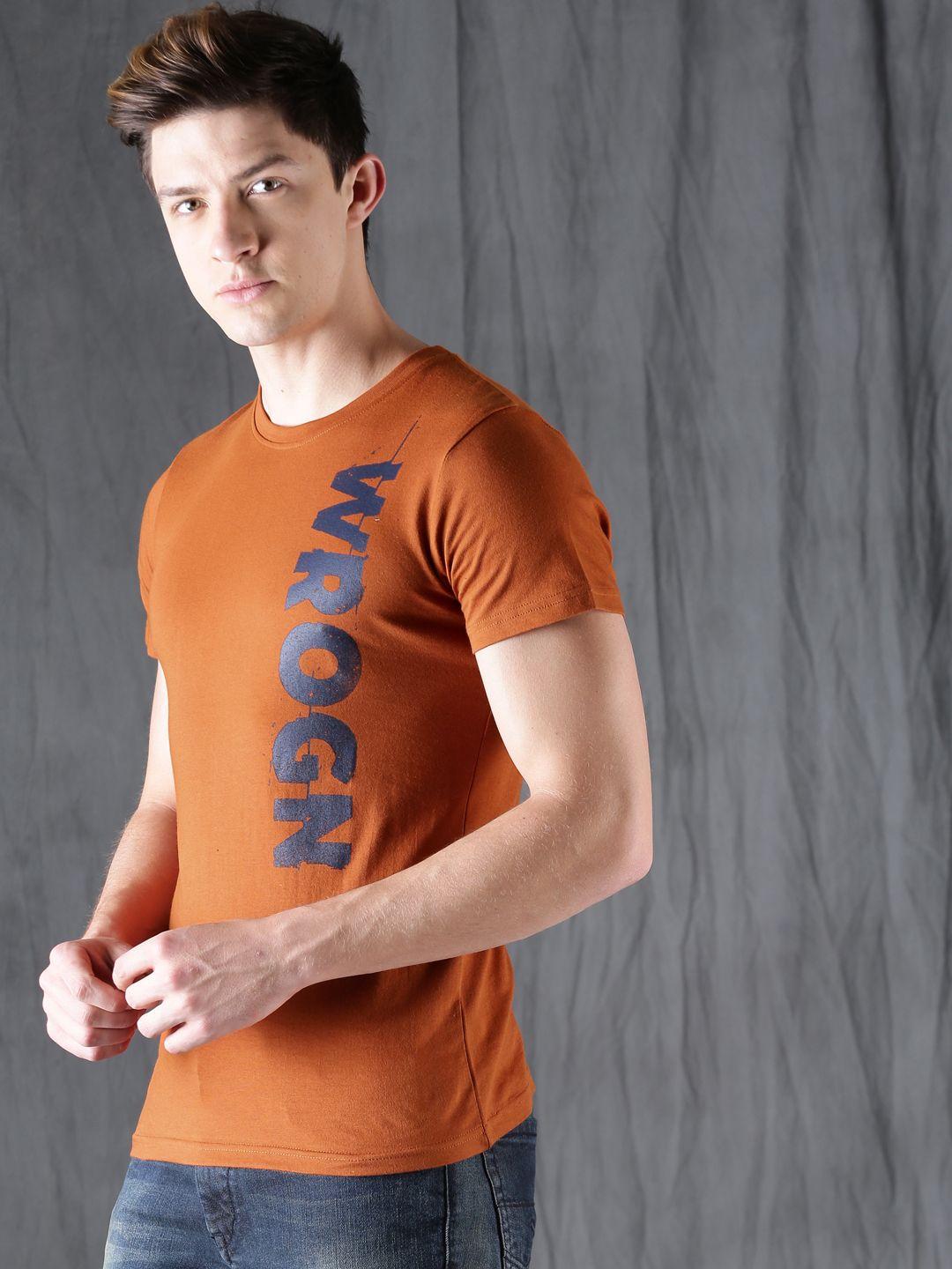 wrogn men rust orange printed t-shirt