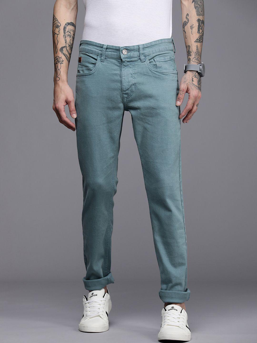 wrogn men teal green slim fit mid rise stretchable jeans