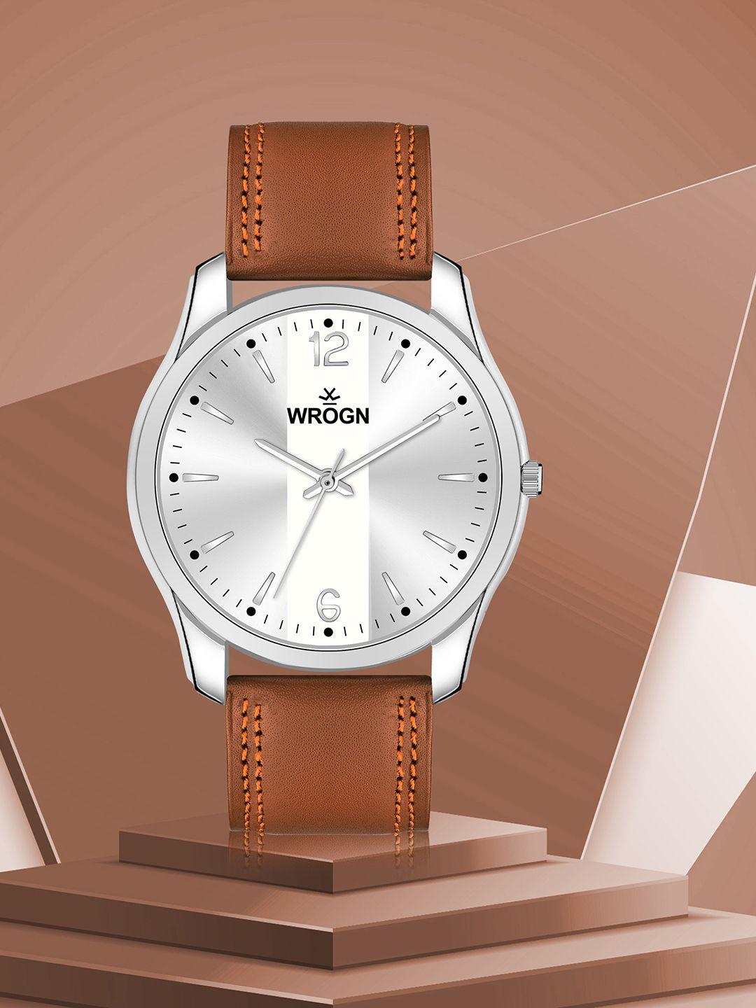 wrogn men textured dial & toned leather straps analogue watch wr-6602-silver