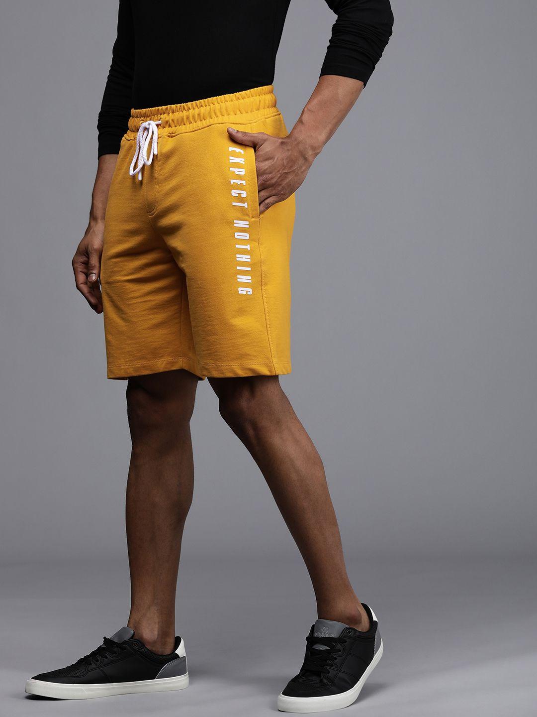 wrogn men yellow brand logo printed shorts
