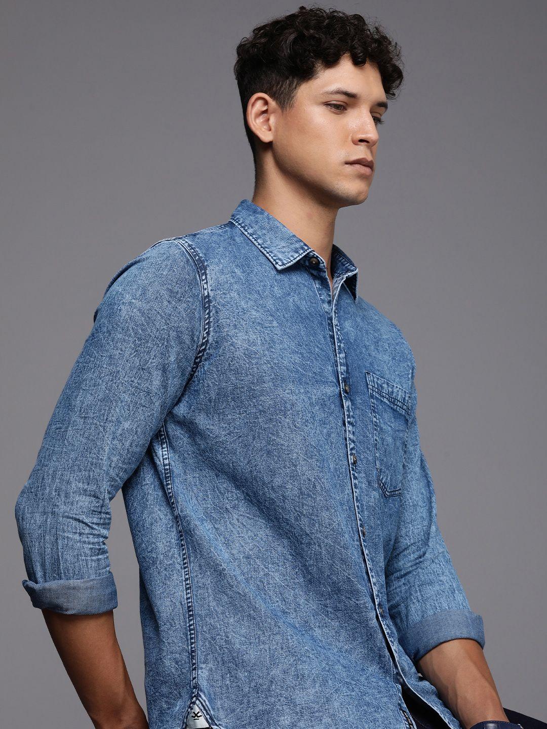 wrogn pure cotton chambray slim fit casual shirt