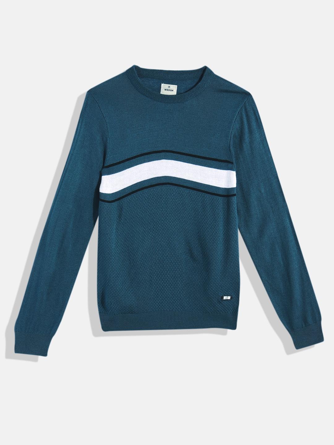 wrogn youth boys teal blue acrylic striped pullover