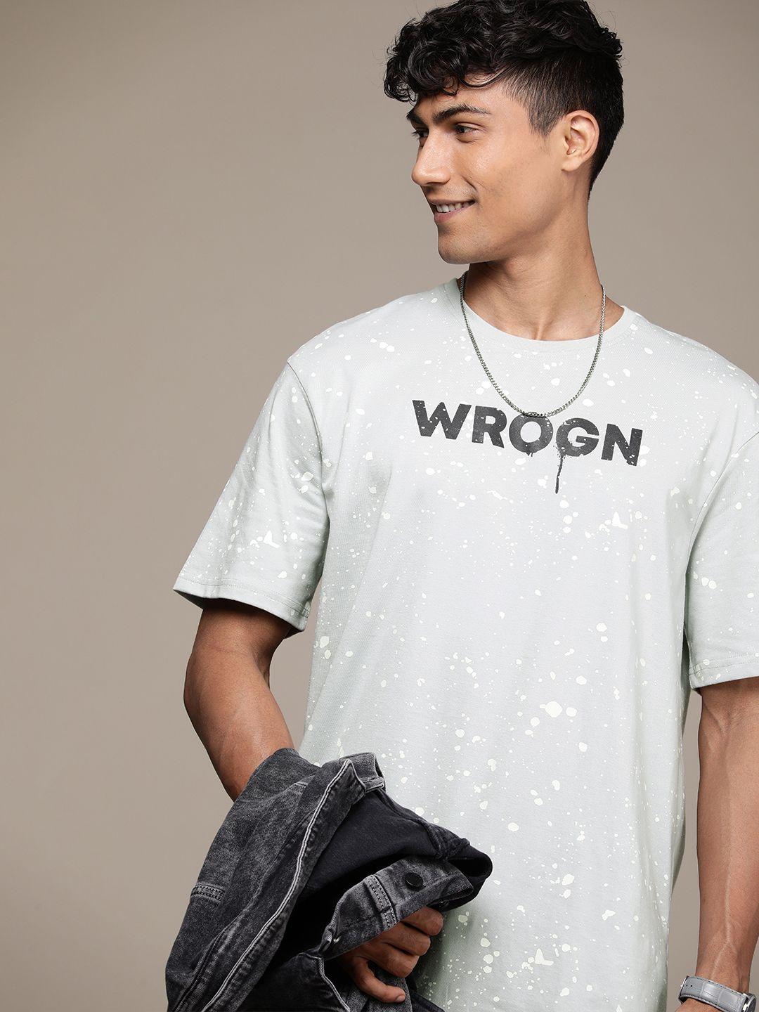 wrogn abstract & brand logo printed drop-shoulder oversized t-shirt