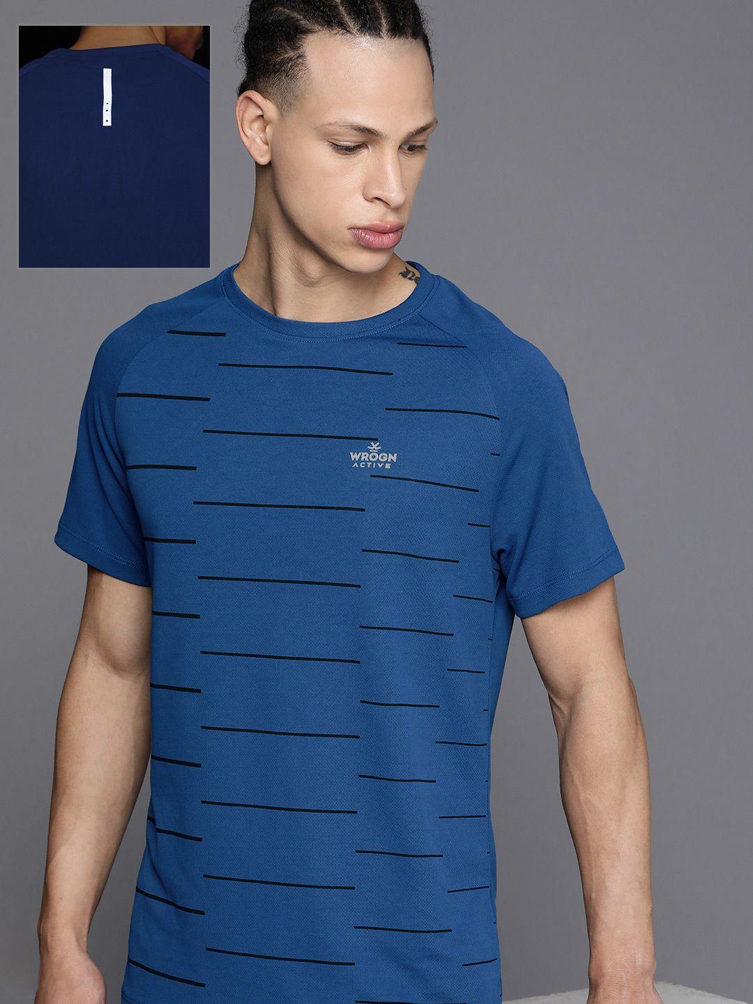 wrogn active brand logo striped sports t-shirt with dry pro technology