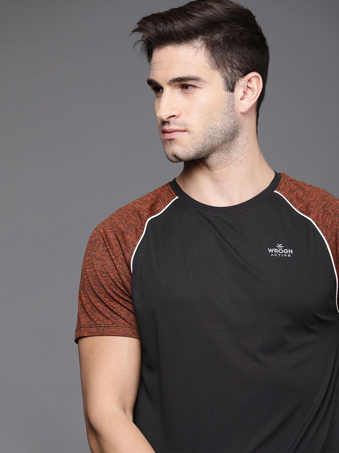 wrogn active men black & brown colourblocked t-shirt