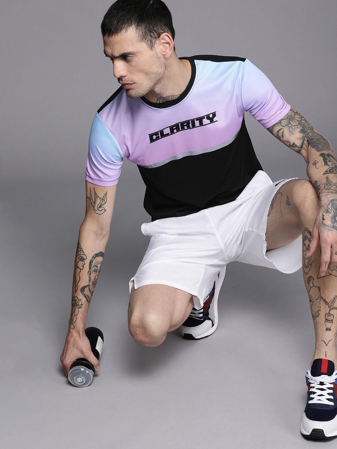 wrogn active men black & lavender colourblocked slim fit t-shirt