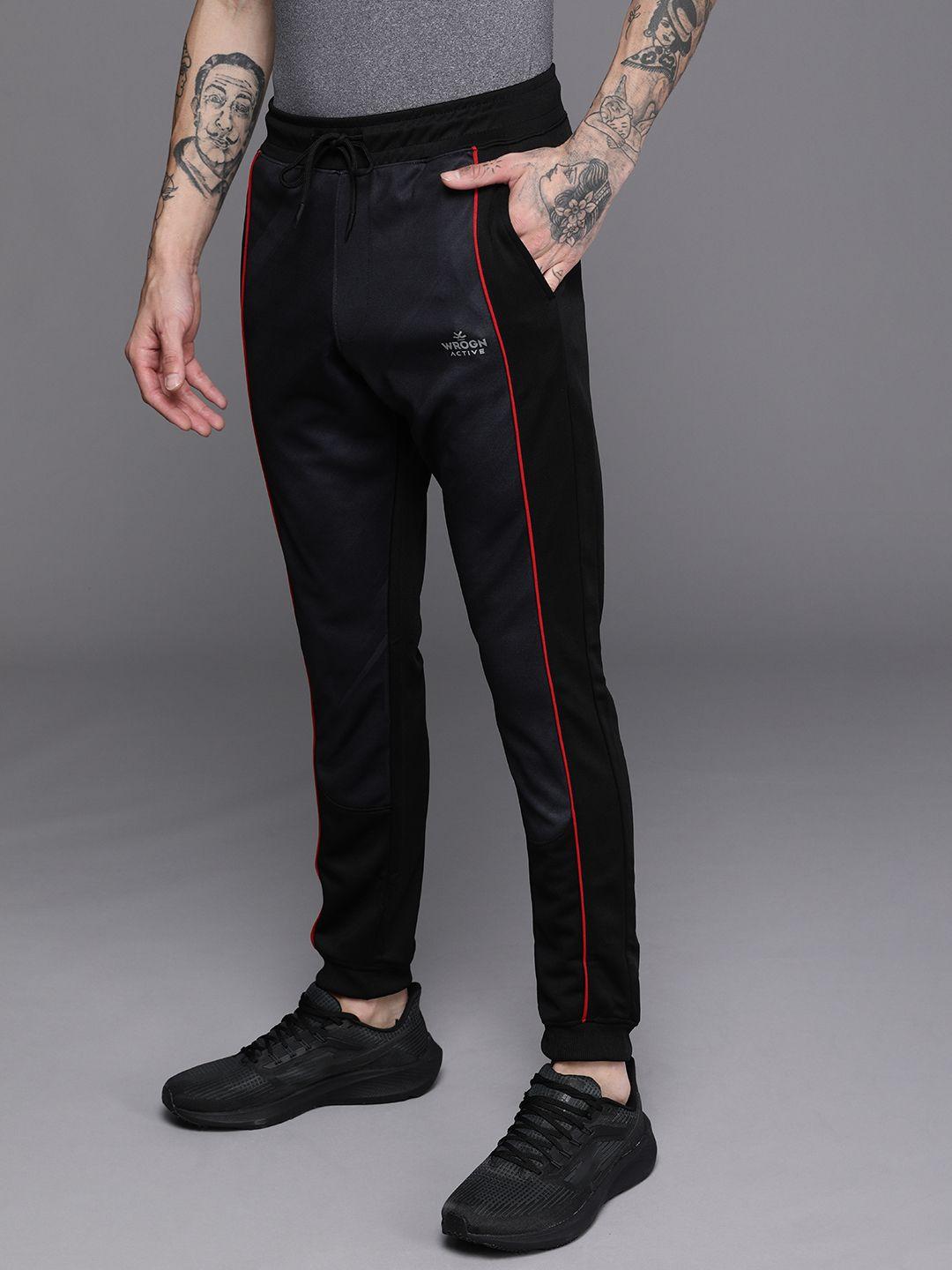 wrogn active men black brand logo printed regular fit mid-rise joggers with side stripe