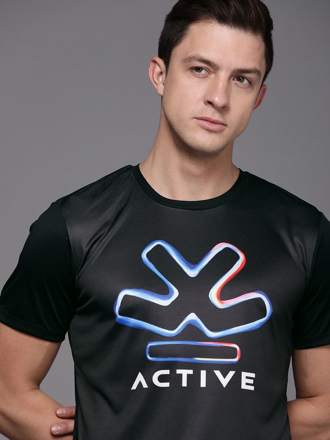 wrogn active men black brand logo printed slim fit t-shirt