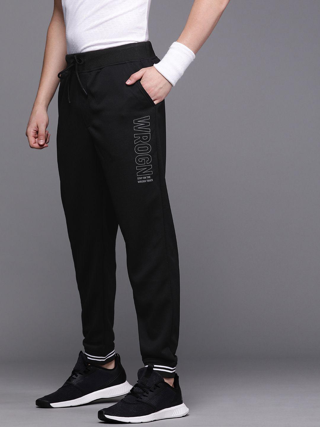 wrogn active men black regular fit joggers with printed detailing