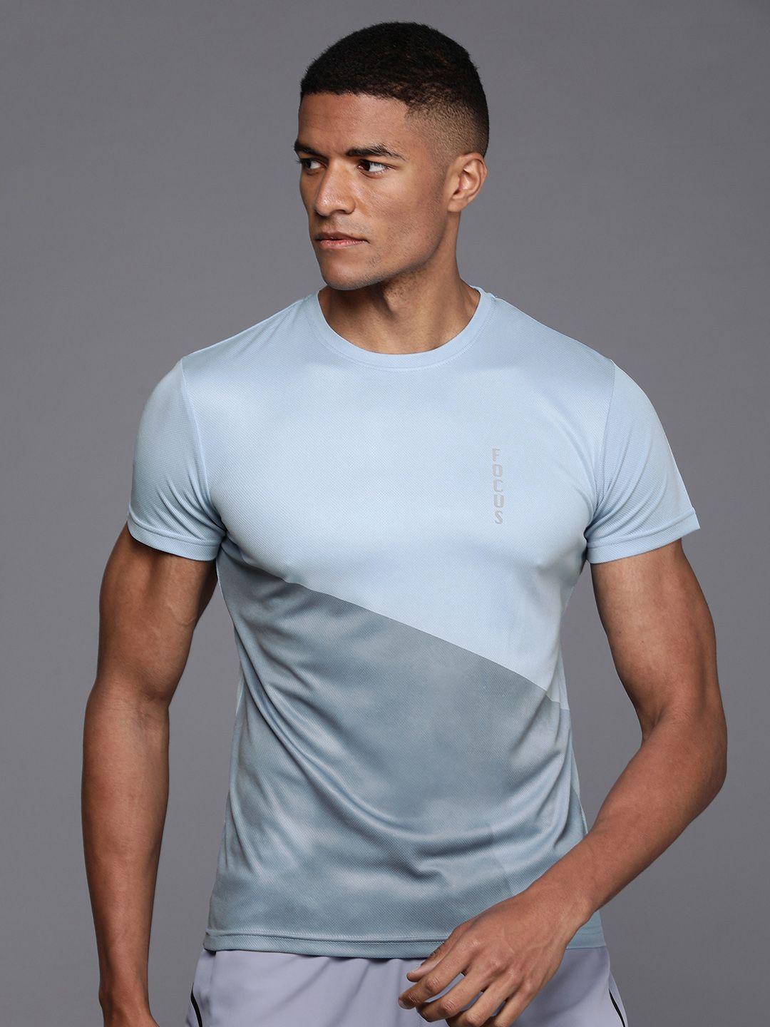 wrogn active men blue & grey colourblocked slim fit t-shirt